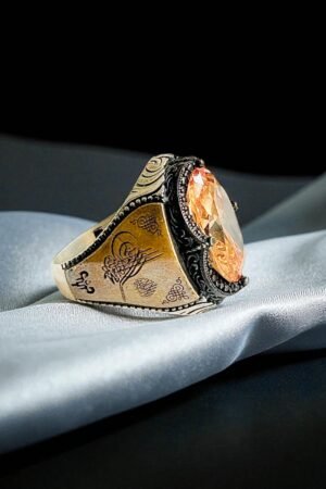 Citrine Stone Luxury Turkish 925 Silver Gent's Ring with Arabic Calligraphy