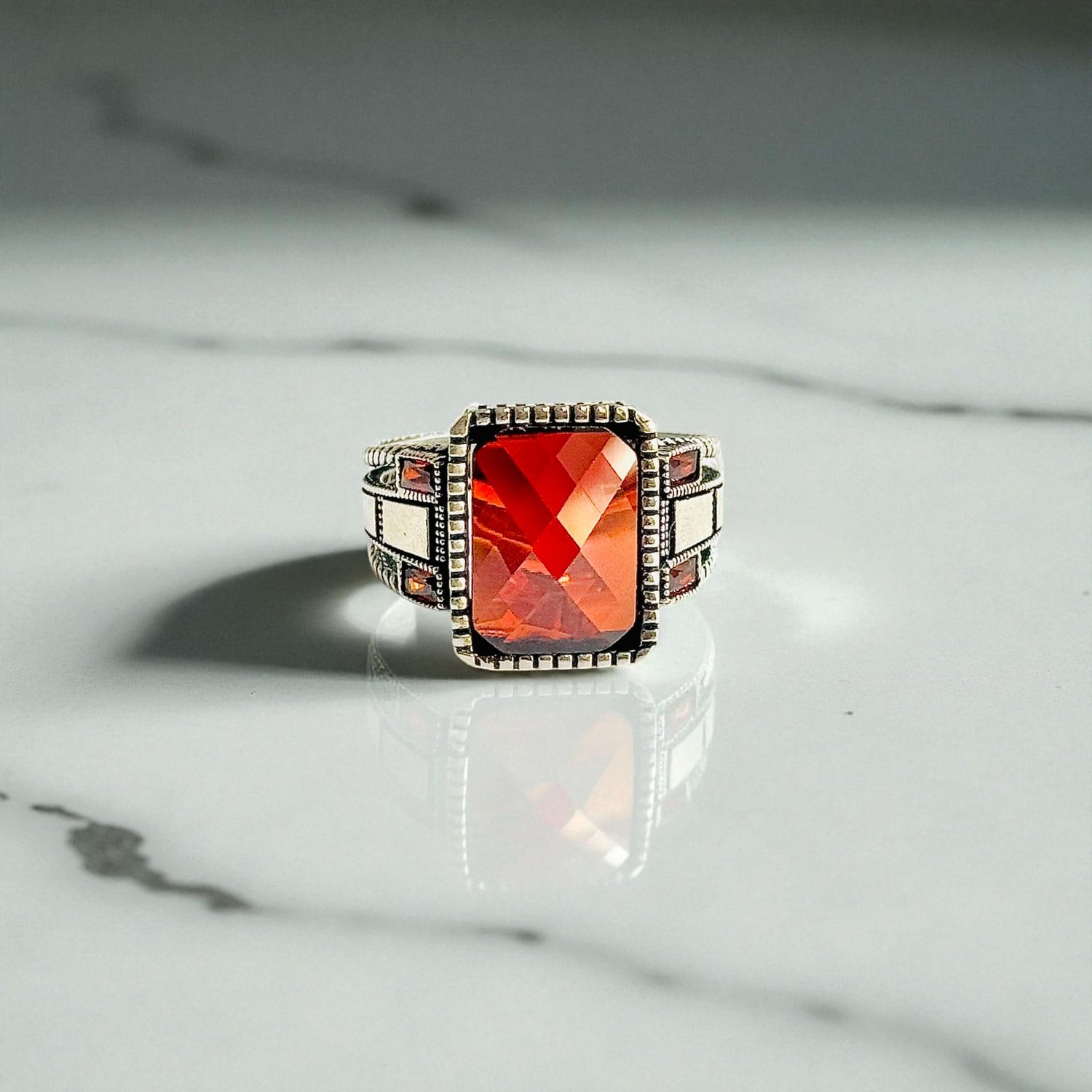 Red Zircon Turkish 925 Silver Gent's Ring - Image 2