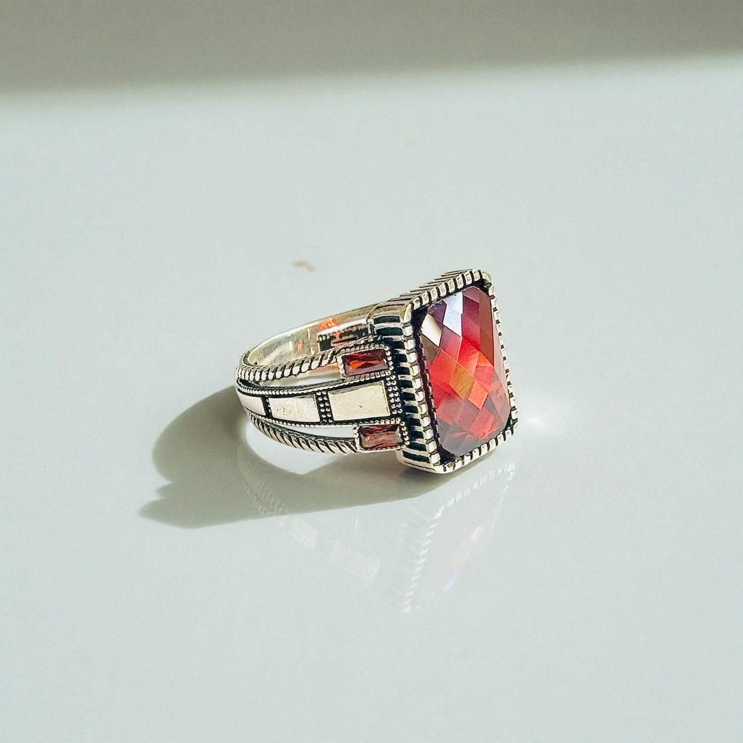 Red Zircon Turkish 925 Silver Gent's Ring