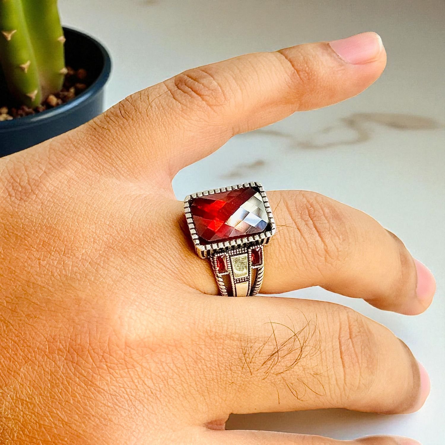 Red Zircon Turkish 925 Silver Gent's Ring - Image 3