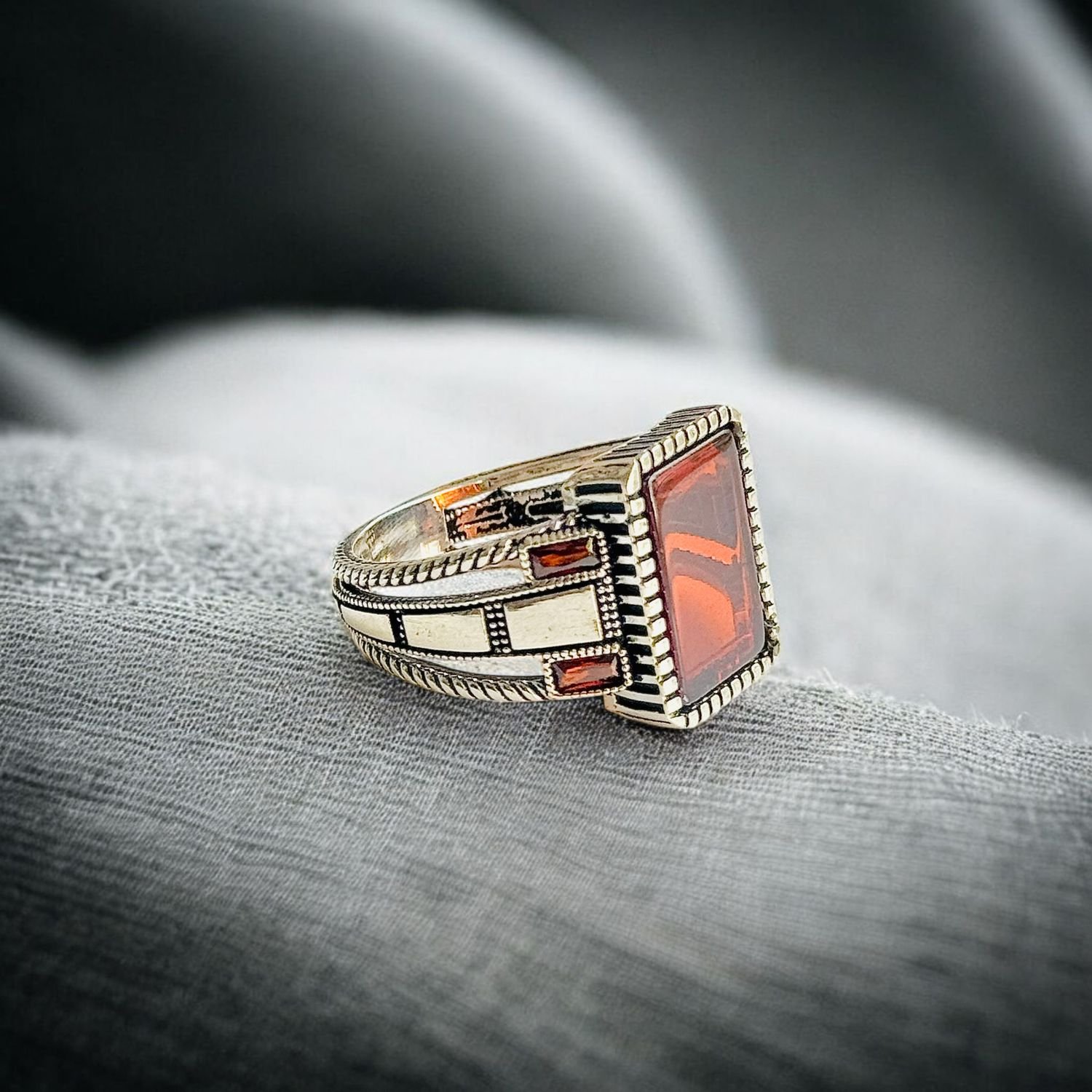 Orange Zircon Turkish 925 Silver Gent's Ring