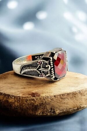 Zulfiqar Turkish 925 Silver Gent's Ring with Red Zircon