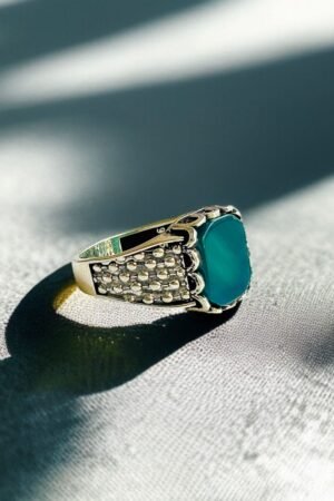 Green Aqeeq Turkish 925 Silver Gent's Ring