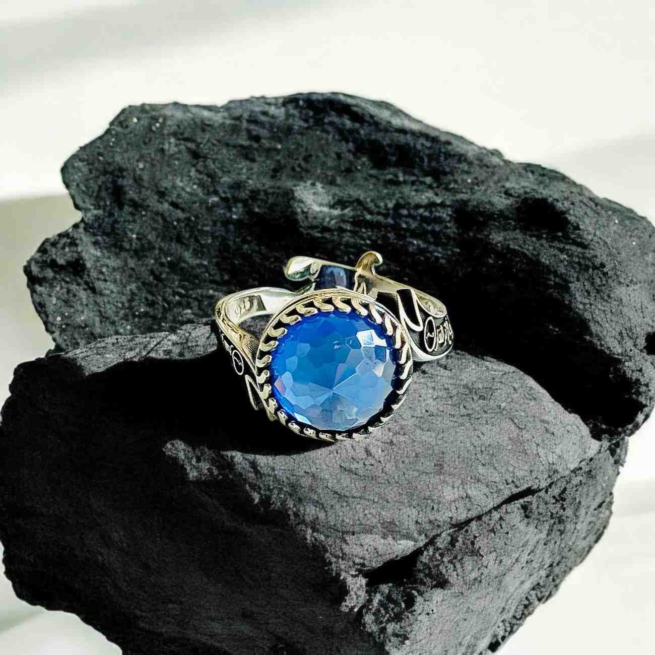 Zulfiqar Turkish 925 Silver Gent's Ring With Blue Zircon Stone - Image 2
