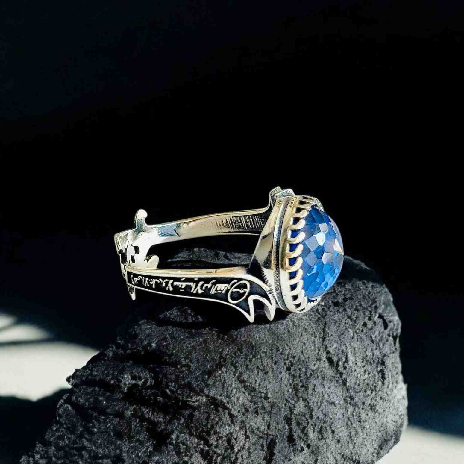 Zulfiqar Turkish 925 Silver Gent's Ring With Blue Zircon Stone