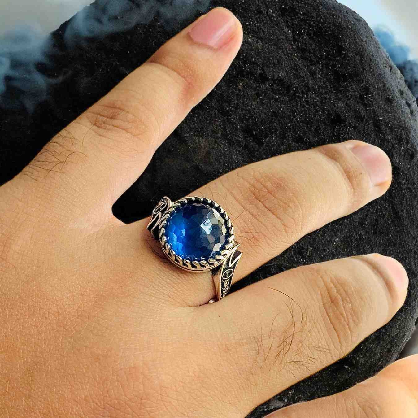 Zulfiqar Turkish 925 Silver Gent's Ring With Blue Zircon Stone - Image 4