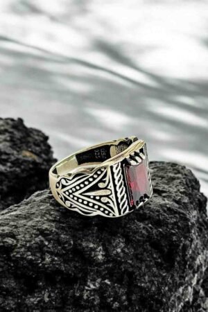 Turkish 925 Silver Gent's Ring With Red Zircon