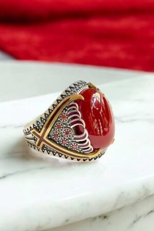 Red Aqeeq Turkish 925 Silver Gent's Ring