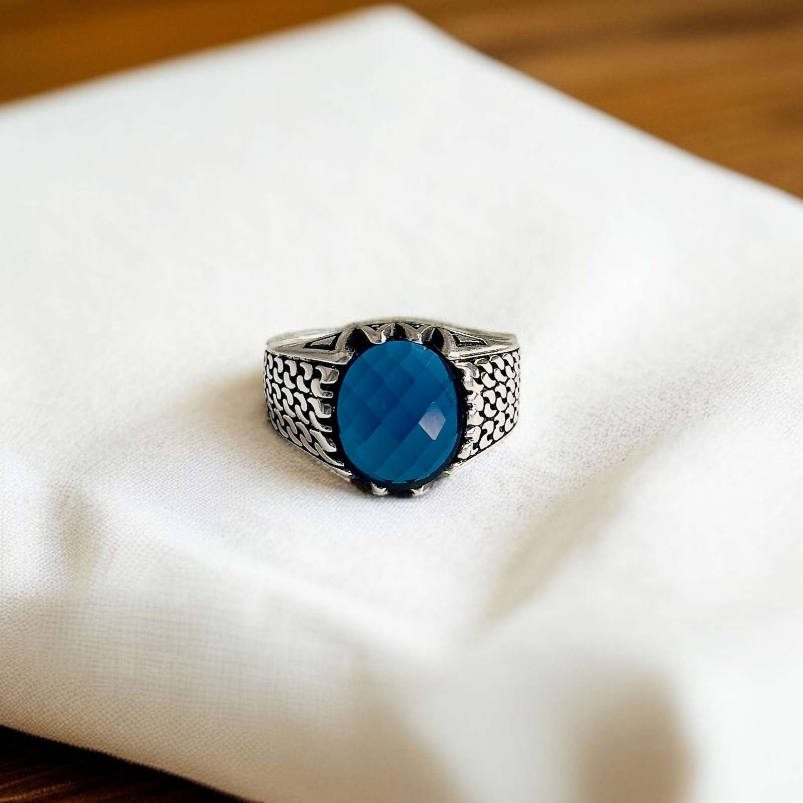 Blue Zircon Turkish 925 Silver Gent's Ring - Image 2