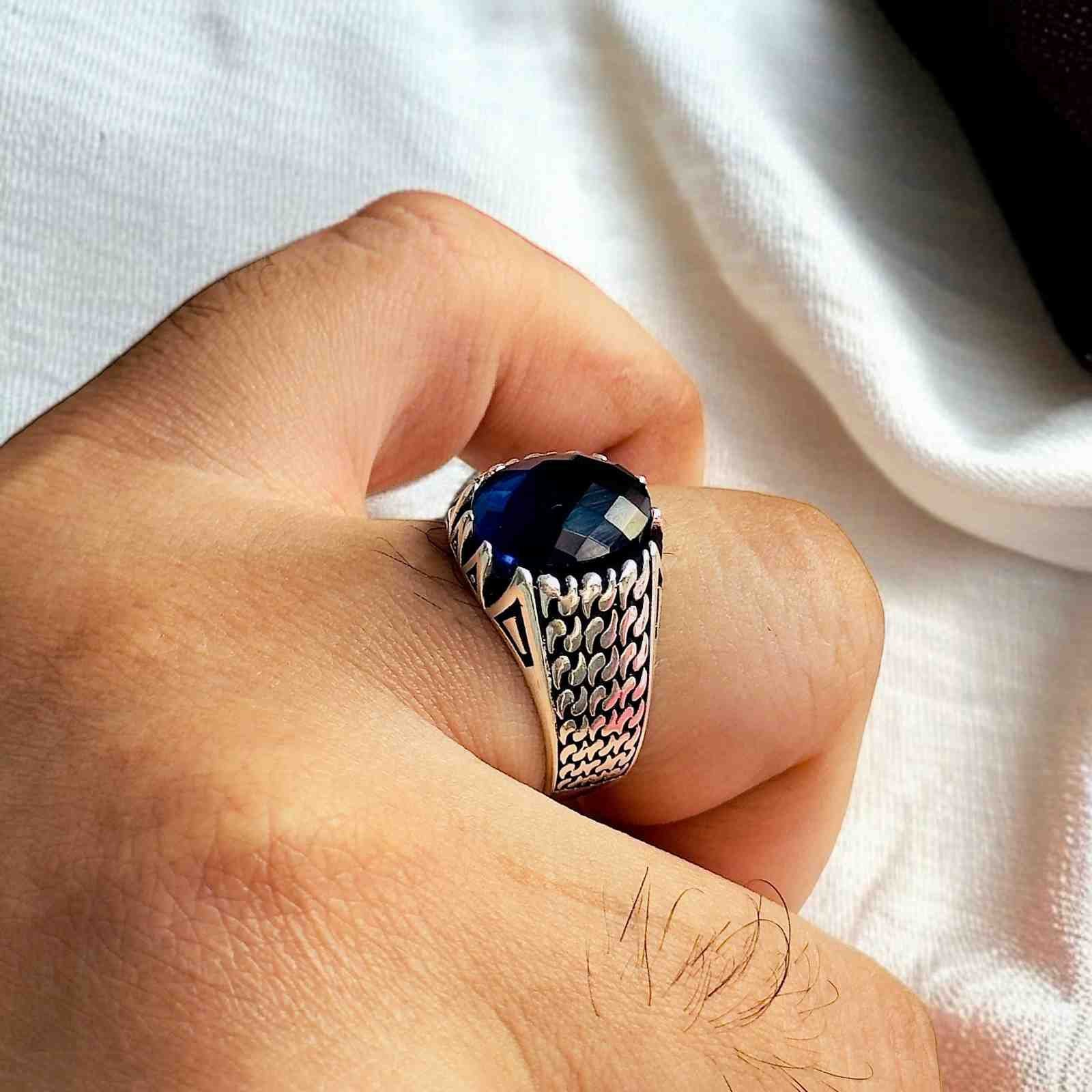 Blue Zircon Turkish 925 Silver Gent's Ring - Image 3