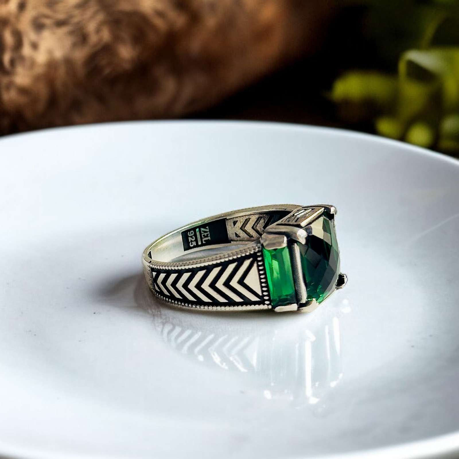 Green Zircon Turkish 925 Silver Gent's Ring