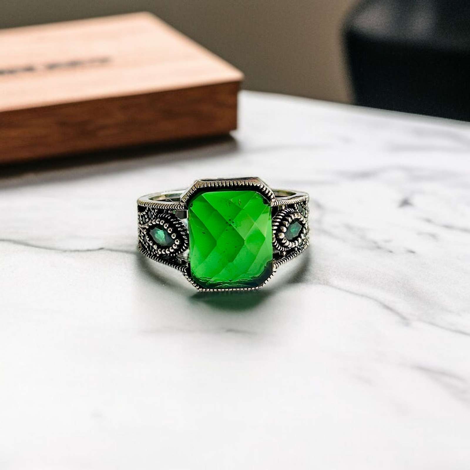 Green Zircon Turkish 925 Silver Gent's Ring - Image 2