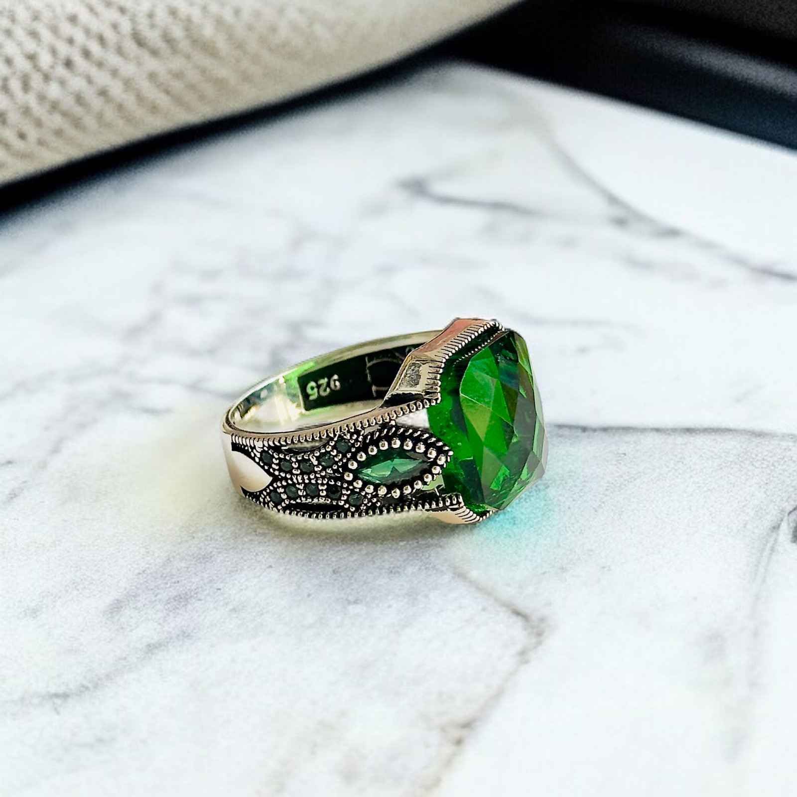 Green Zircon Turkish 925 Silver Gent's Ring