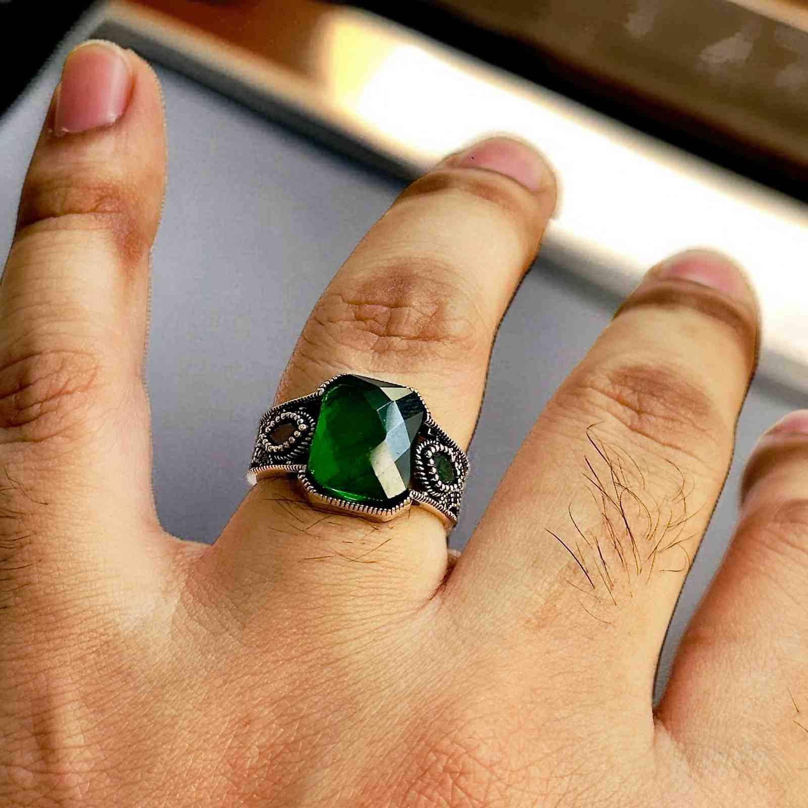 Green Zircon Turkish 925 Silver Gent's Ring - Image 3