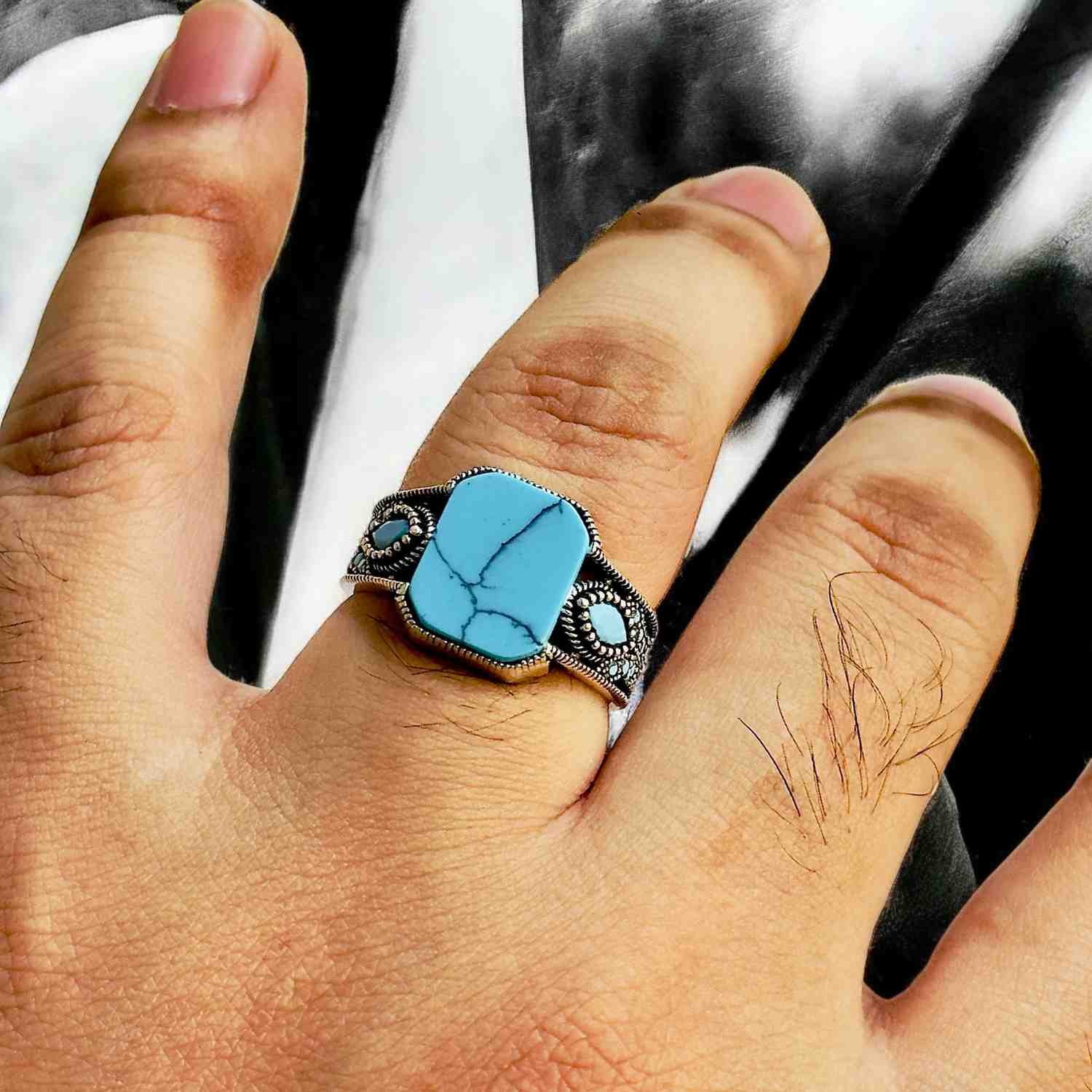 Feroza Stone Turkish 925 Silver Gent's Ring - Image 3