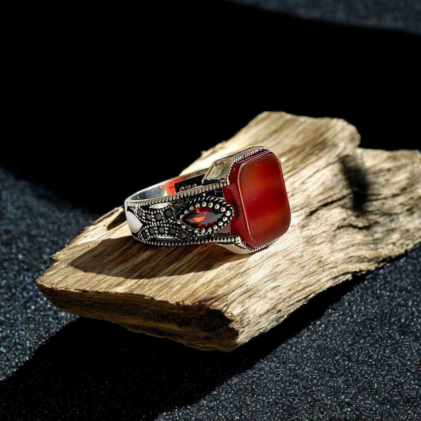 Red Aqeeq Turkish 925 Silver Gent's Ring