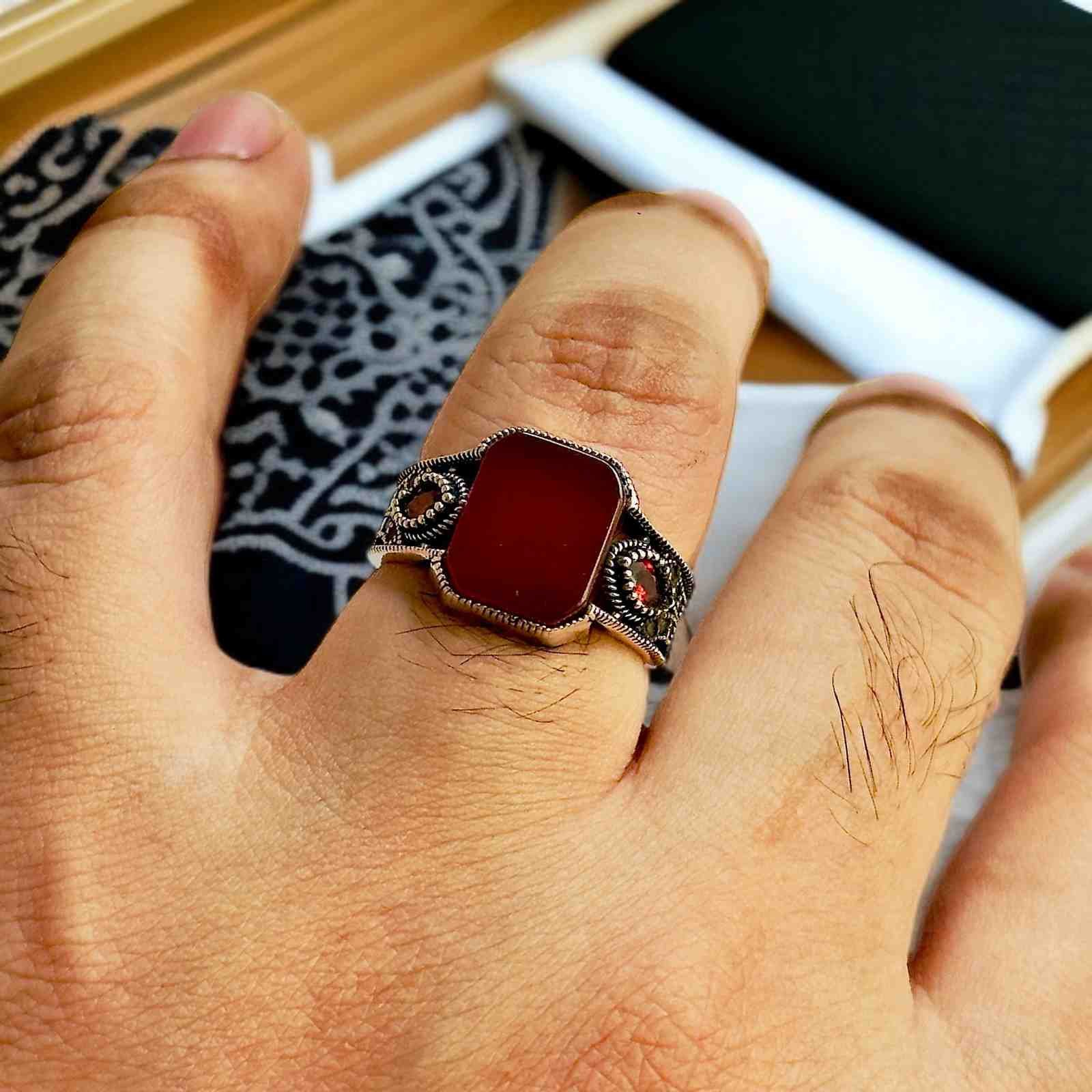 Red Aqeeq Turkish 925 Silver Gent's Ring - Image 3