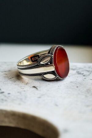 Red Aqeeq Turkish 925 Silver Gent's Ring