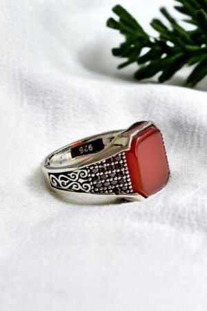 Red Aqeeq Turkish 925 Silver Gent's Ring