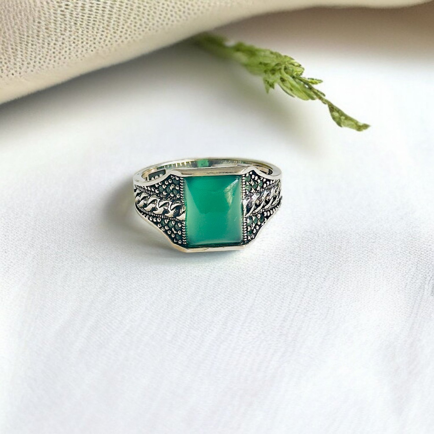 Green Aqeeq Turkish 925 Silver Gent's Ring - Image 2