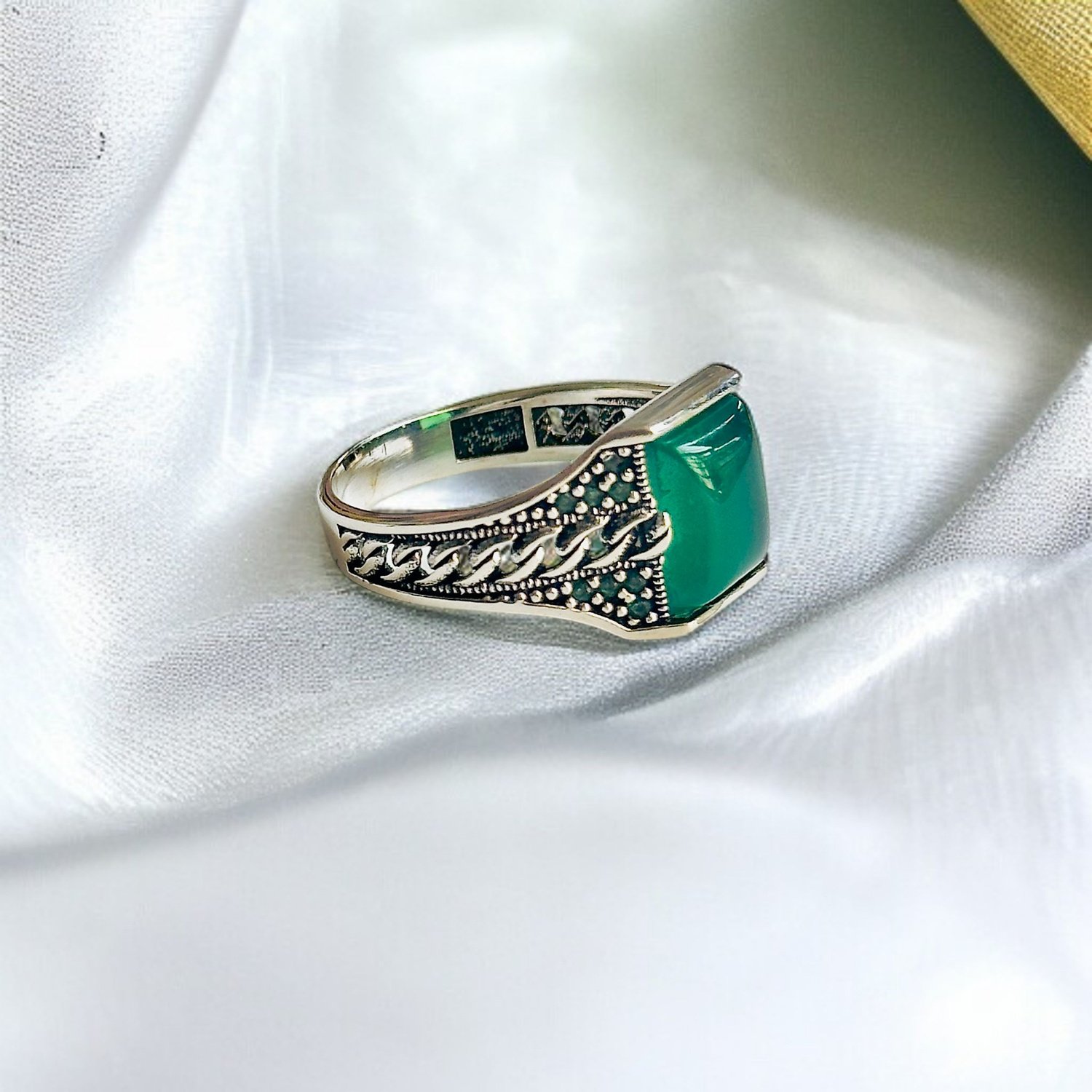 Green Aqeeq Turkish 925 Silver Gent's Ring