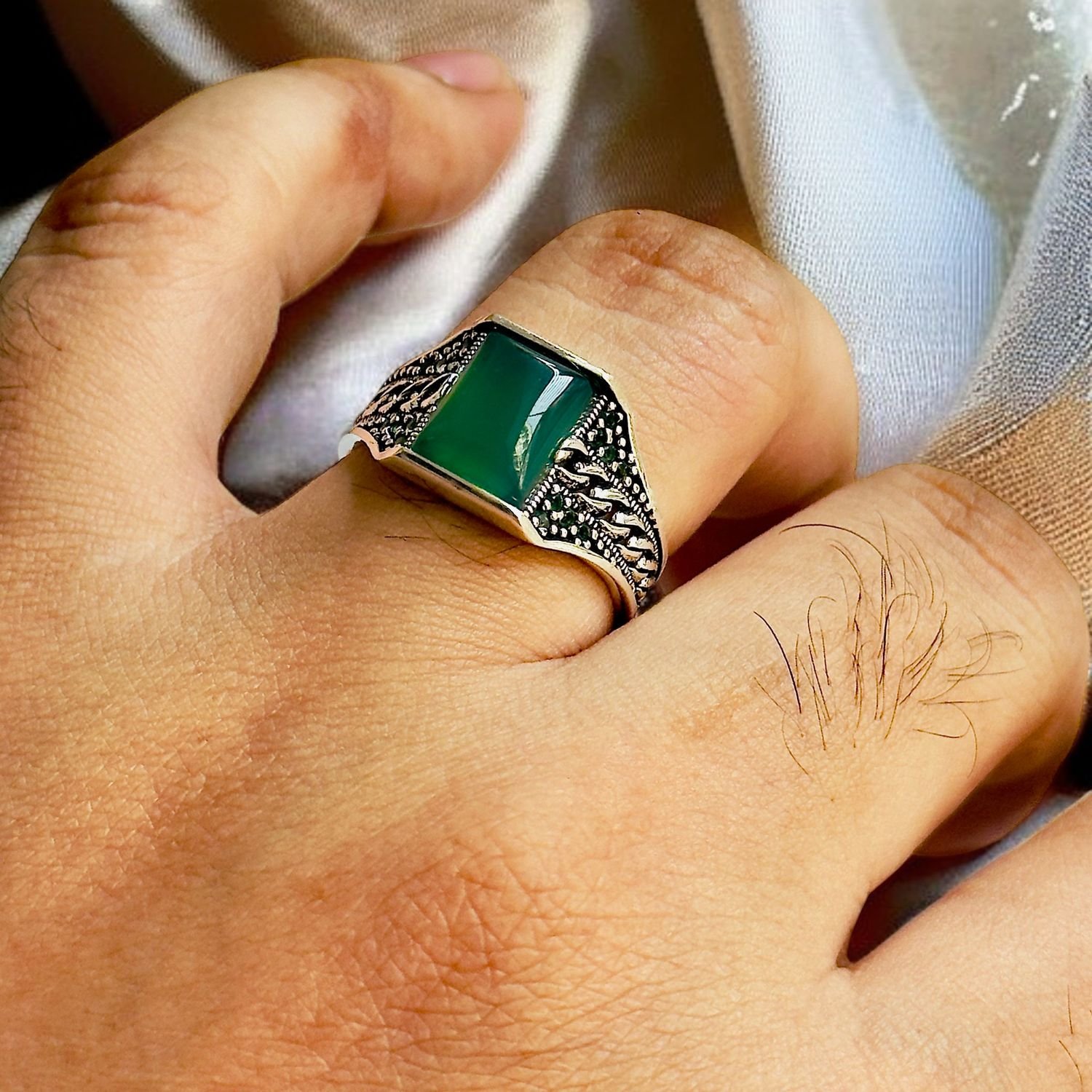 Green Aqeeq Turkish 925 Silver Gent's Ring - Image 3