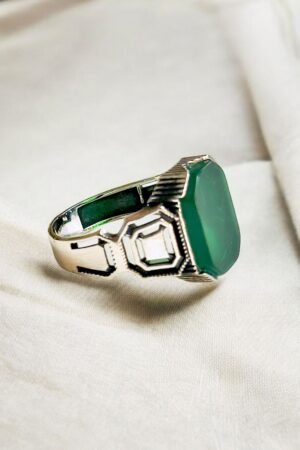 Green Aqeeq Turkish 925 Silver Gent's Ring