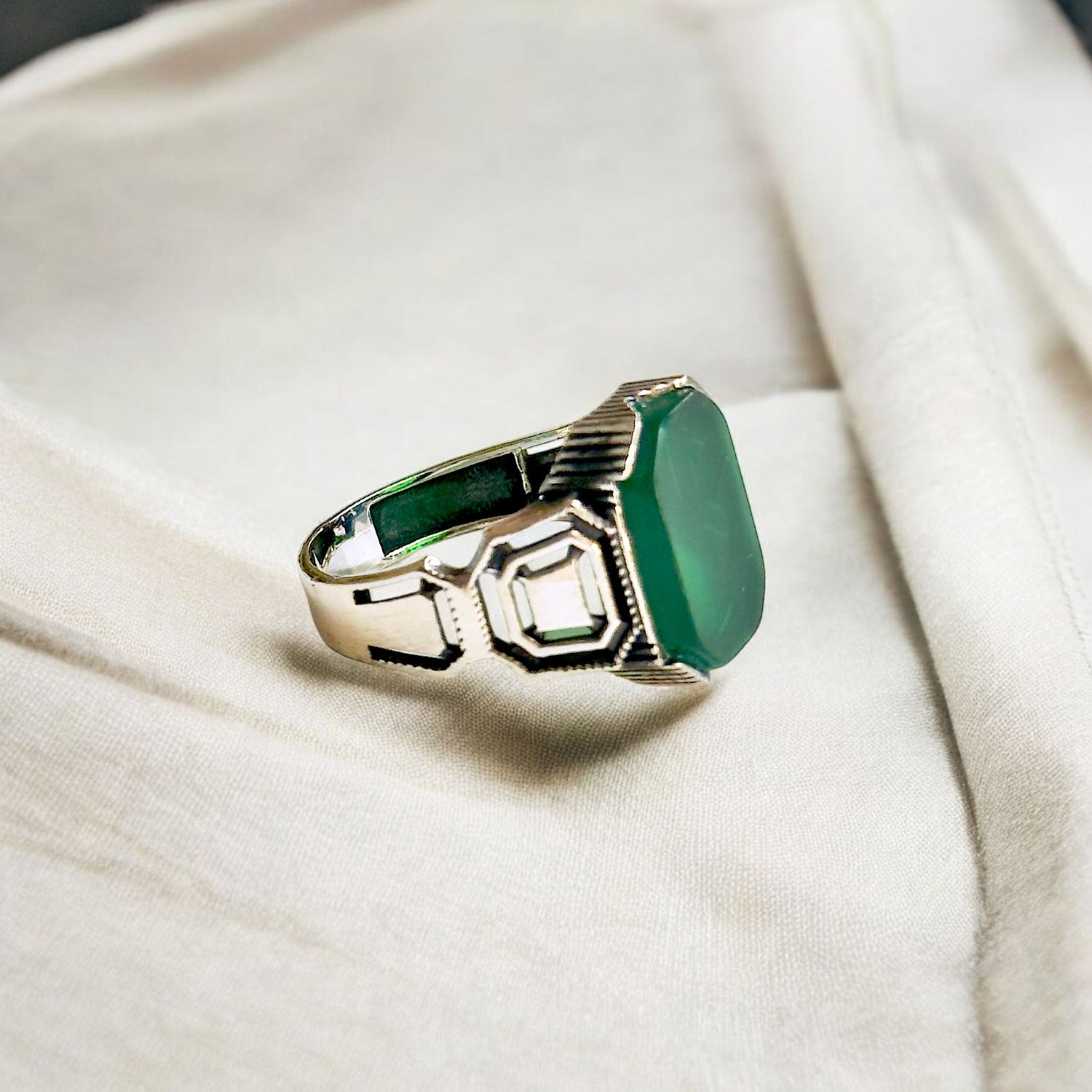 Green Aqeeq Turkish 925 Silver Gent's Ring