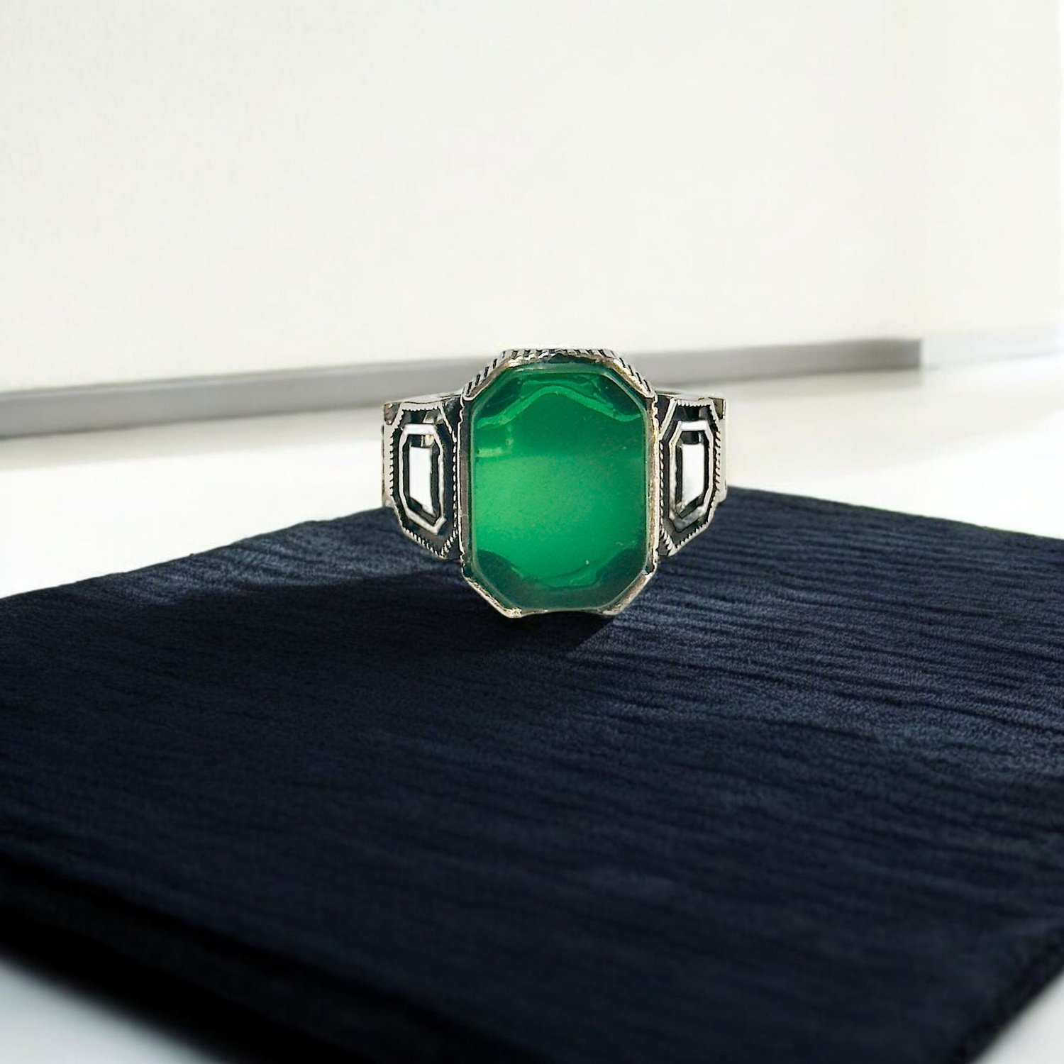 Green Aqeeq Turkish 925 Silver Gent's Ring - Image 2