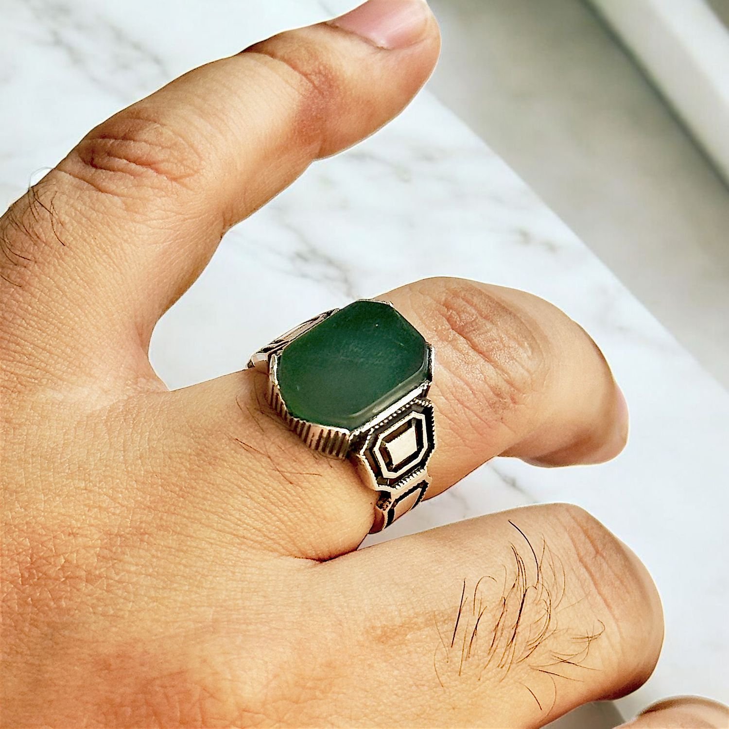 Green Aqeeq Turkish 925 Silver Gent's Ring - Image 3