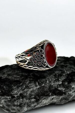 Red Aqeeq Turkish 925 Silver Gent's Ring