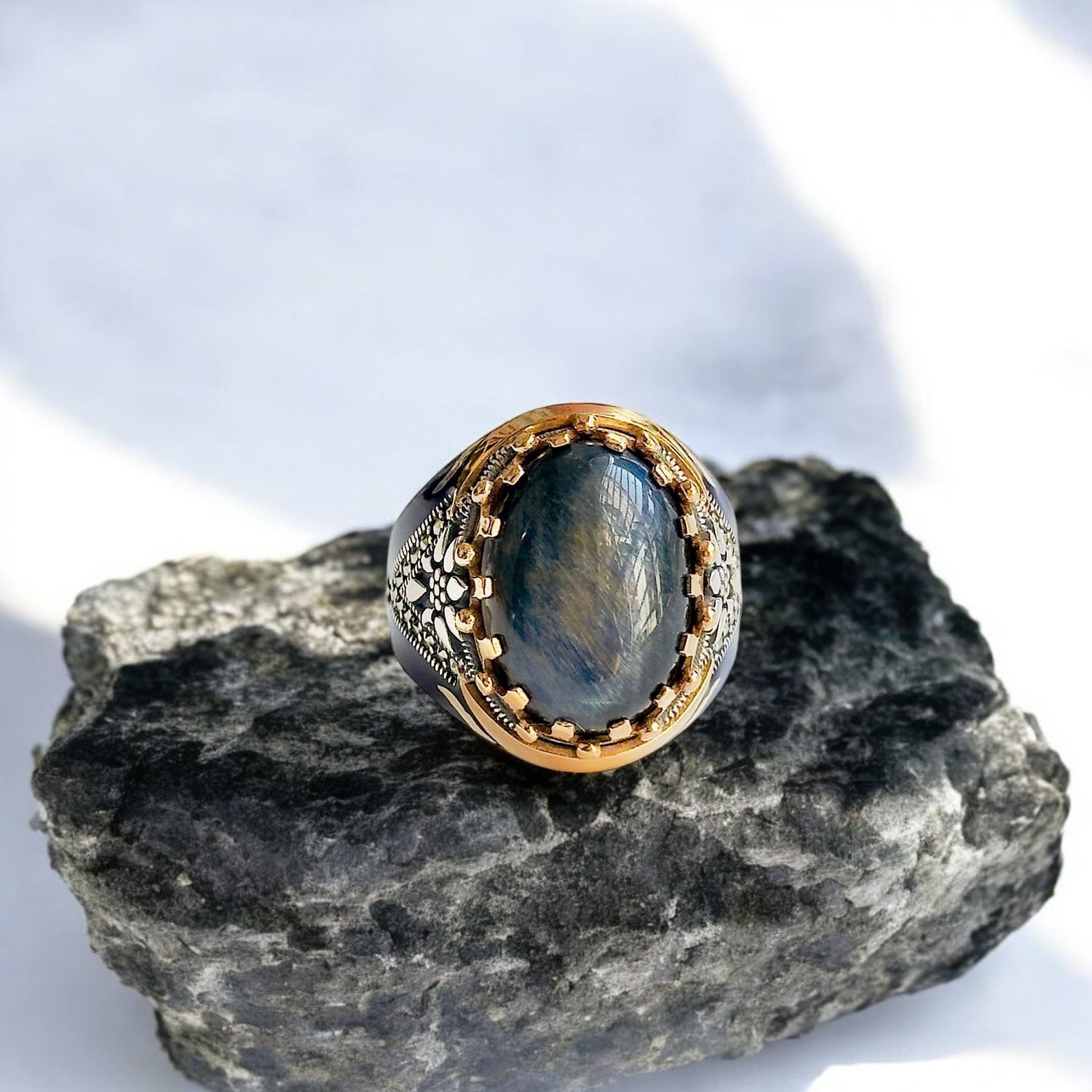 Blue Tiger Eye Turkish 925 Silver Gent's Ring - Image 2