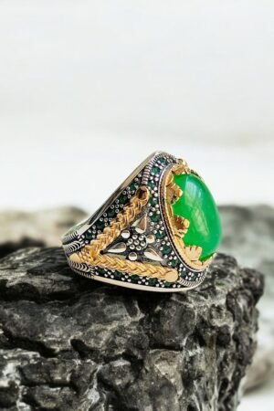 Green Aqeeq Turkish 925 Silver Gent's Ring
