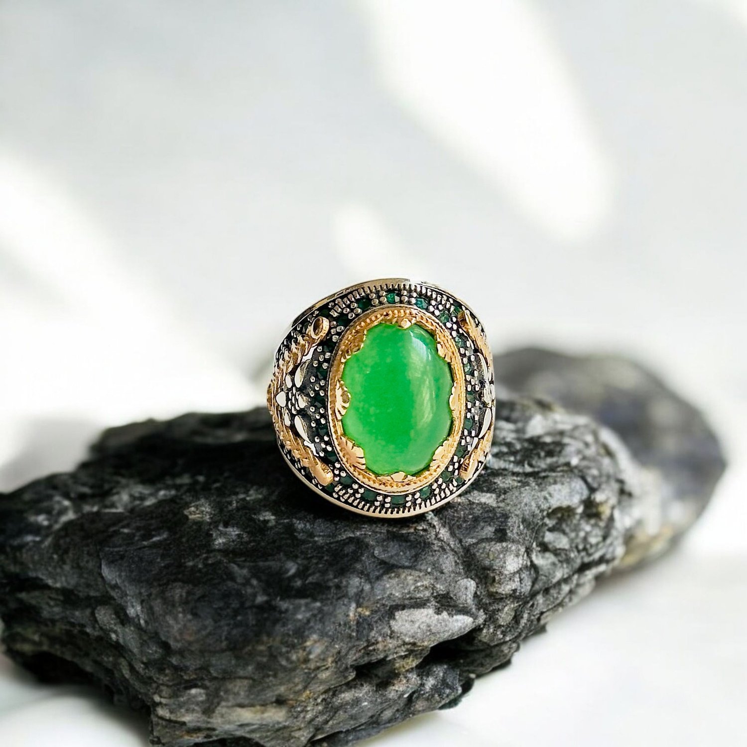Green Aqeeq Turkish 925 Silver Gent's Ring - Image 2