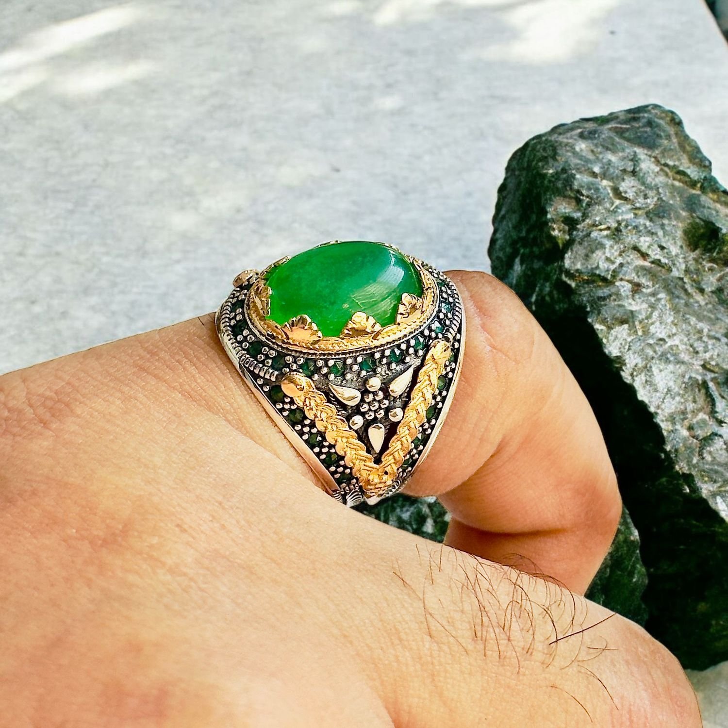 Green Aqeeq Turkish 925 Silver Gent's Ring - Image 3