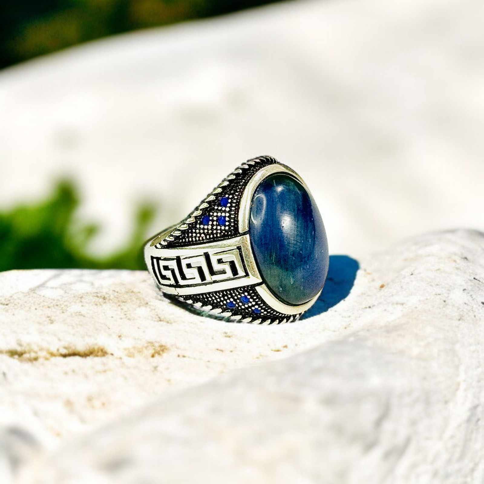 Blue Tiger Eye Turkish 925 Silver Gent's Ring