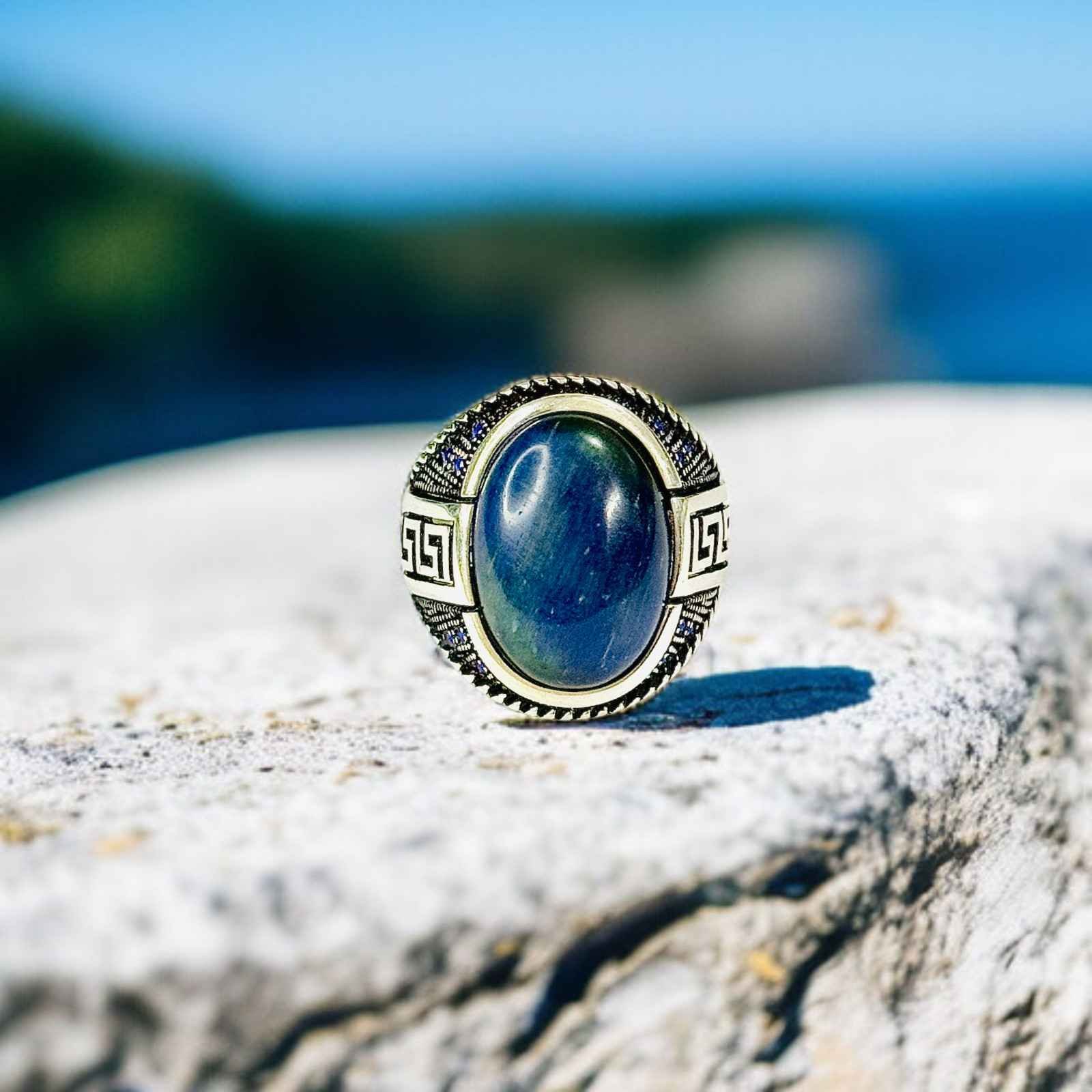 Blue Tiger Eye Turkish 925 Silver Gent's Ring - Image 2