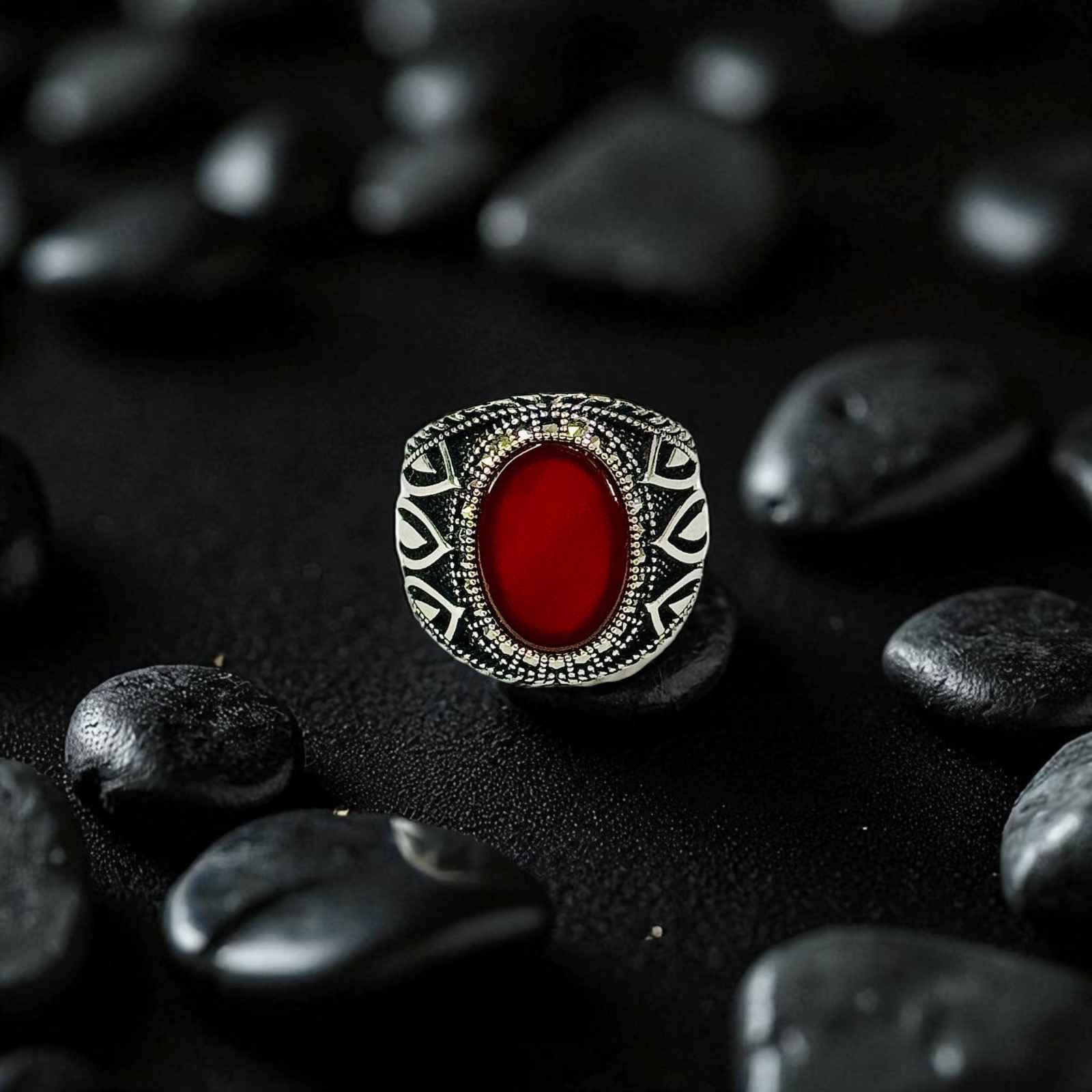 Red Aqeeq Turkish 925 Silver Gent's Ring - Image 2