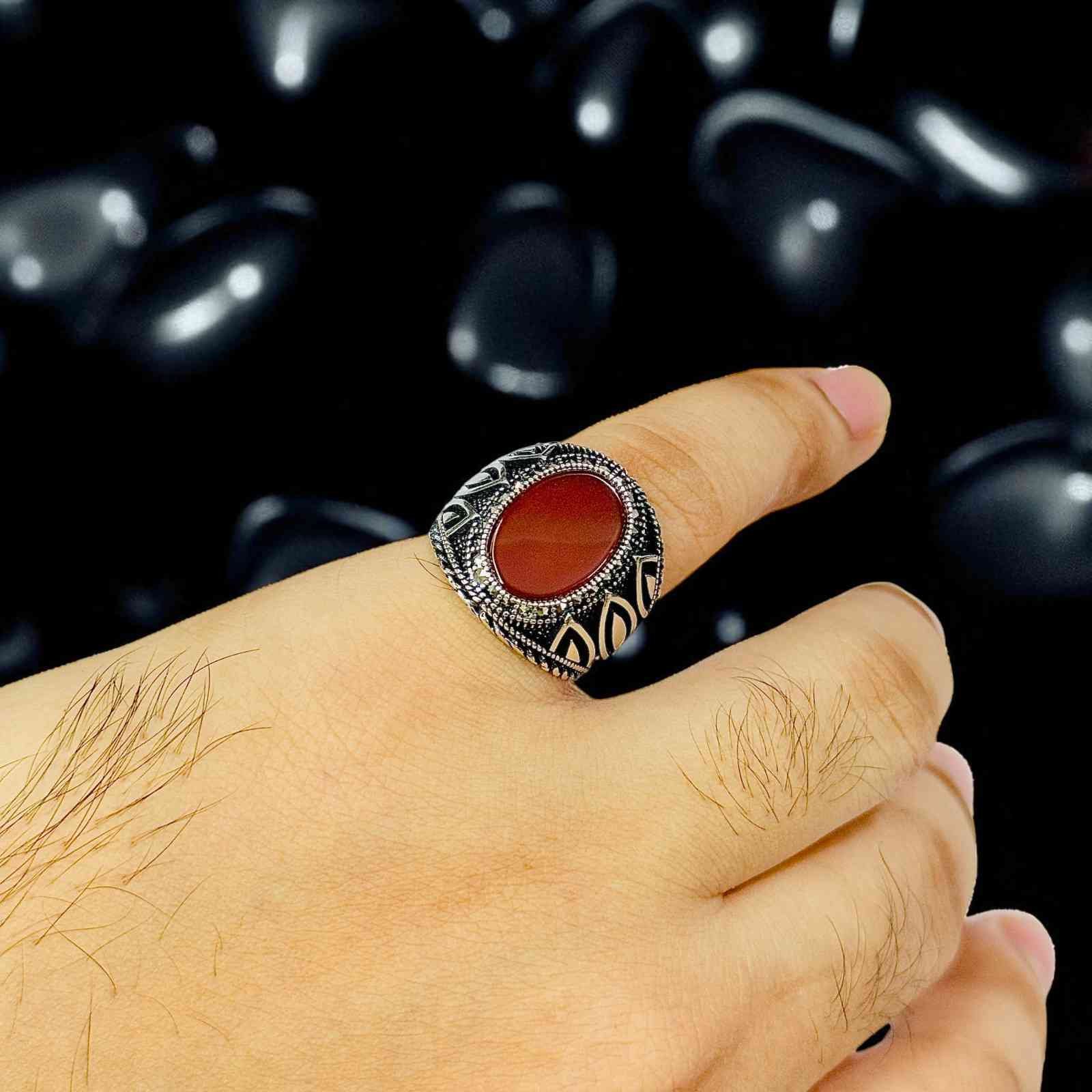 Red Aqeeq Turkish 925 Silver Gent's Ring - Image 3