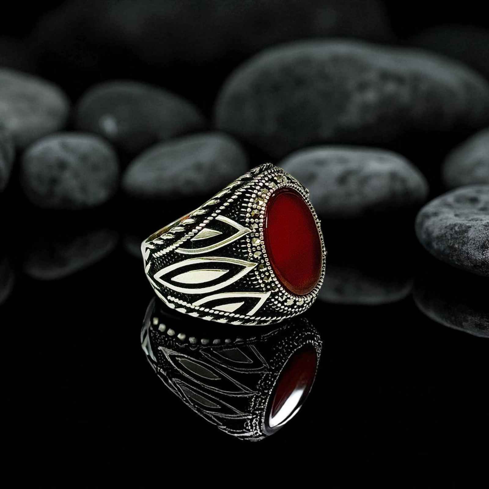 Red Aqeeq Turkish 925 Silver Gent's Ring