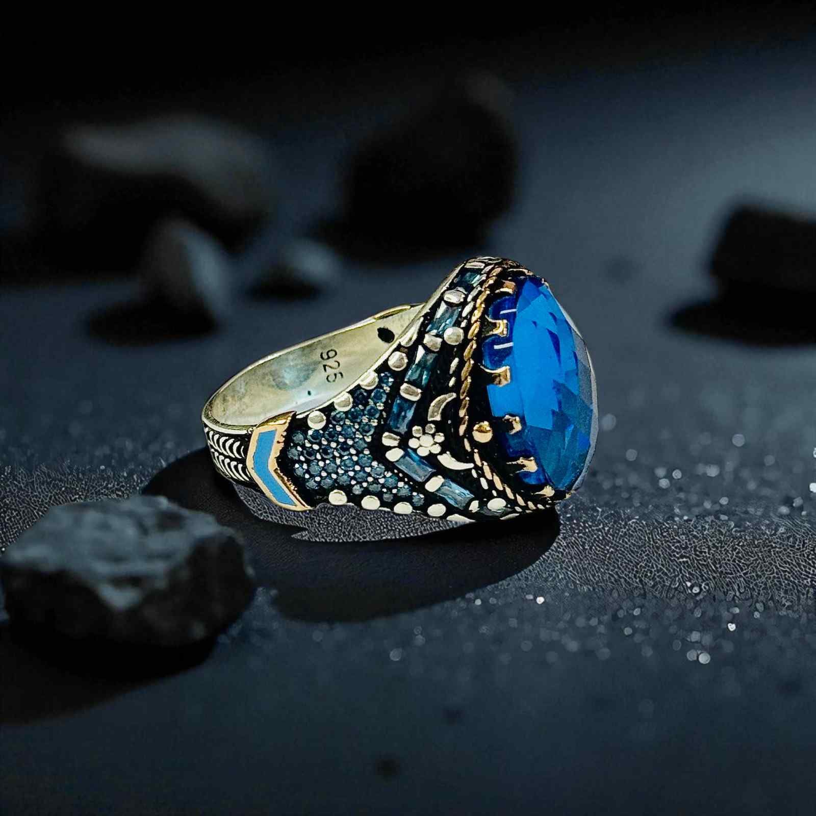 Blue Zircon Turkish 925 Silver Gent's Ring