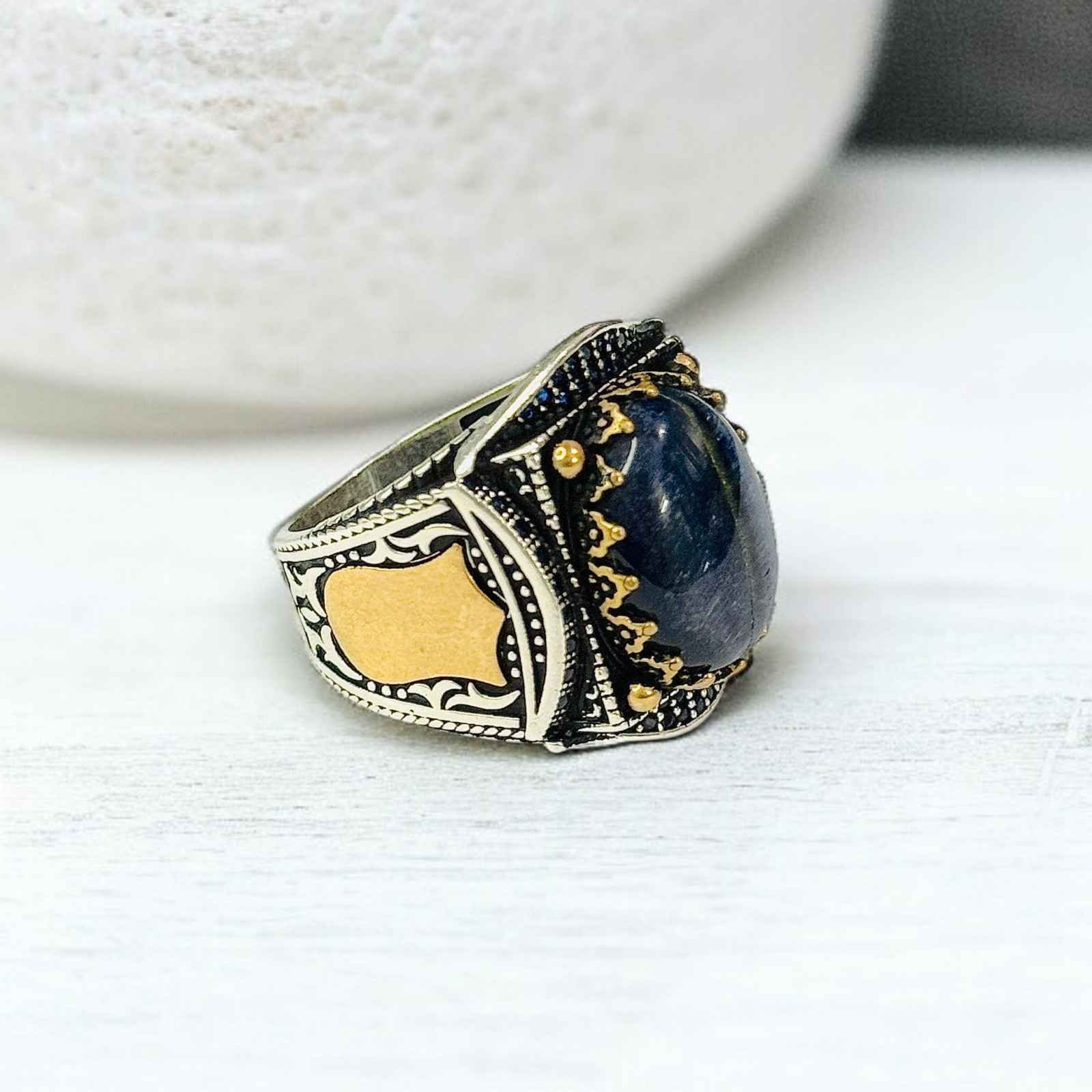 Blue Tiger Eye Turkish 925 Silver Gent's Ring