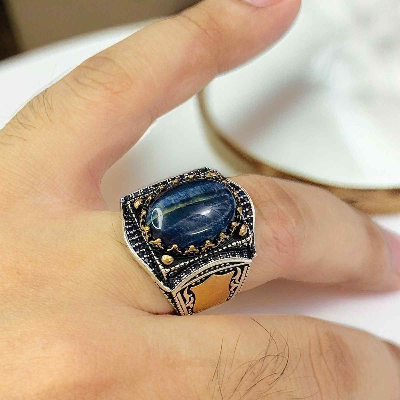 Blue Tiger Eye Turkish 925 Silver Gent's Ring - Image 3