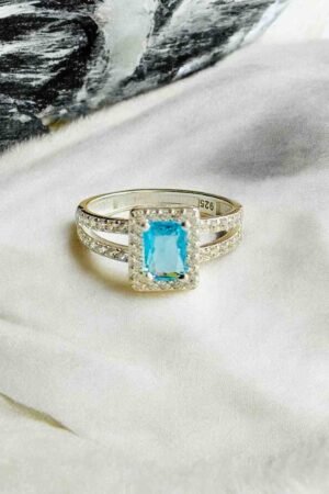 Turkish 925 Silver Ladies Ring with Blue Zircon