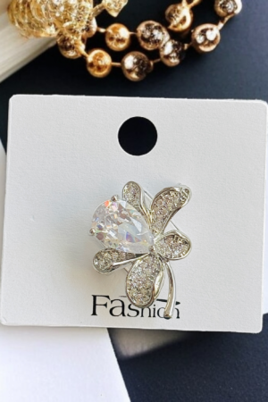 Diamond-Cut Silver Rose Hijab Brooch