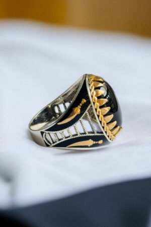 Black Aqeeq Stone with Zulfiqar Symbol Turkish 925 Silver Gent's Ring