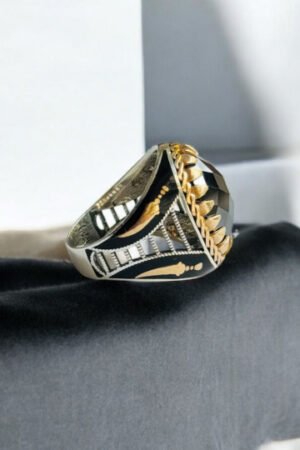 Black Zircon Stone with Zulfiqar Symbol Turkish 925 Silver Gent's Ring