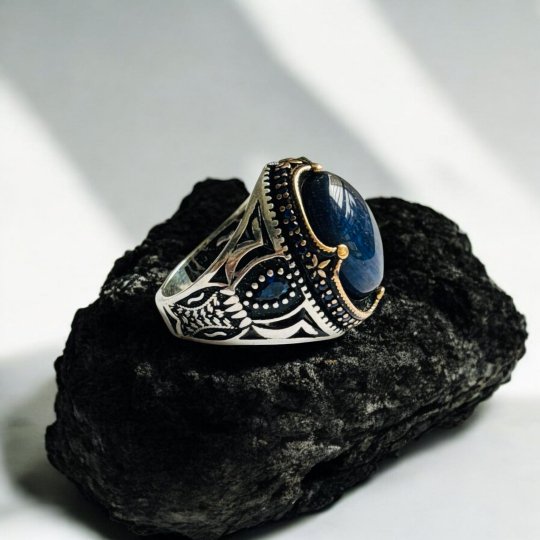 Blue Tiger Eye Turkish 925 Silver Gent's Ring