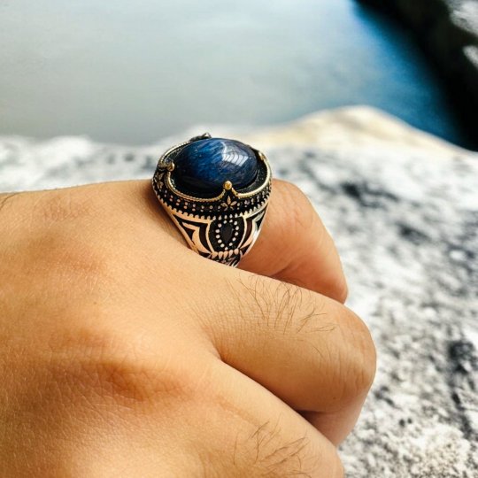 Blue Tiger Eye Turkish 925 Silver Gent's Ring - Image 3