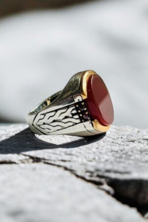Red Aqeeq Stone Turkish 925 Silver Gent's Ring